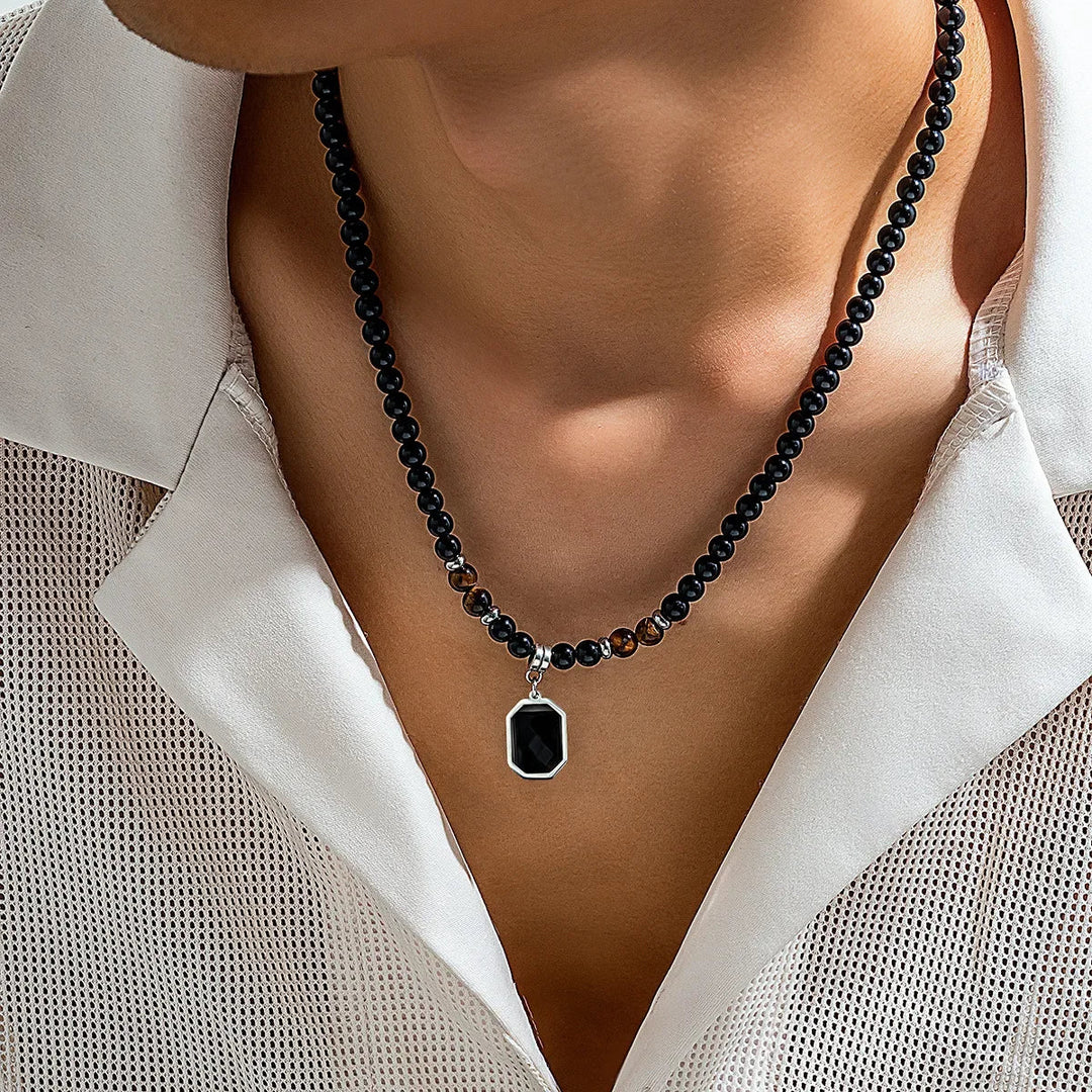 Men's Black Beads with Pearl Pendant - Hayes Carter